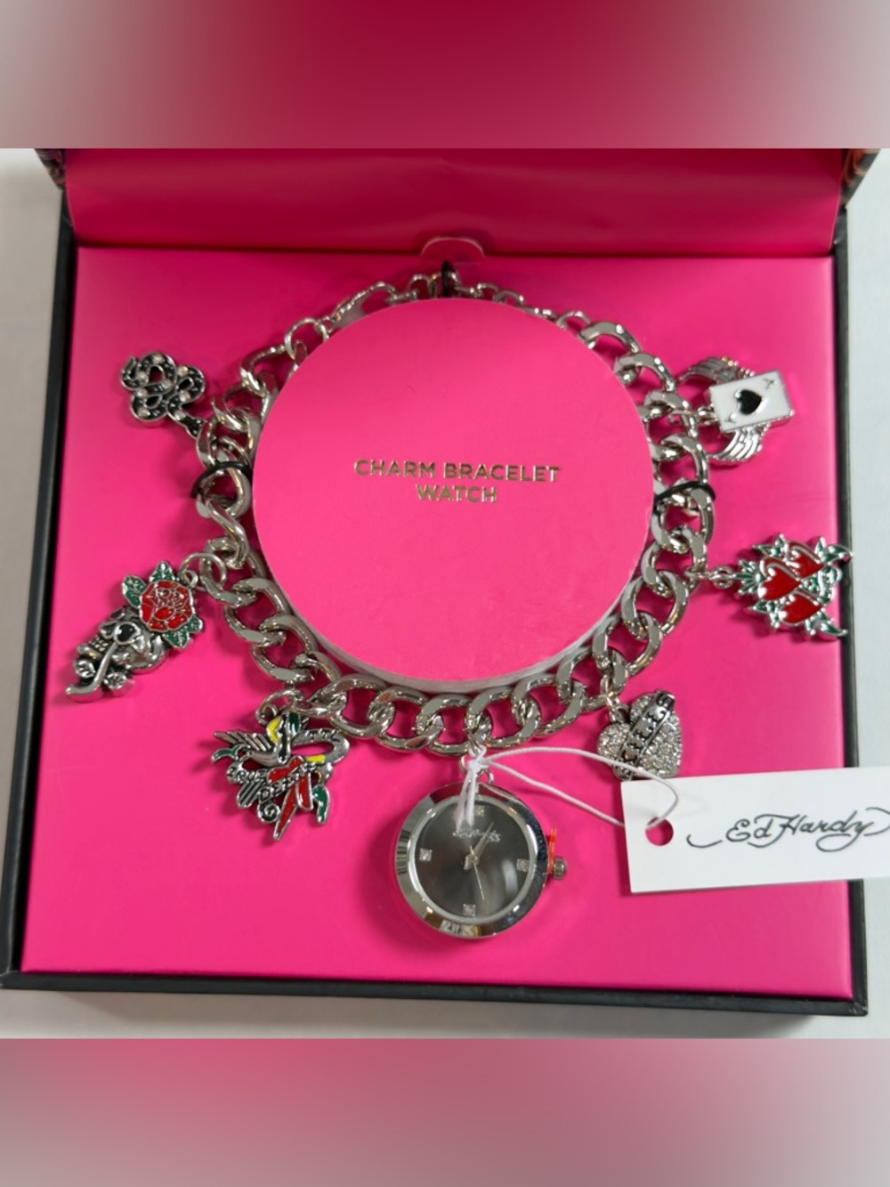 Ed Hardy Silver Charm Bracelet Watch with Red and Green Enamel Accents